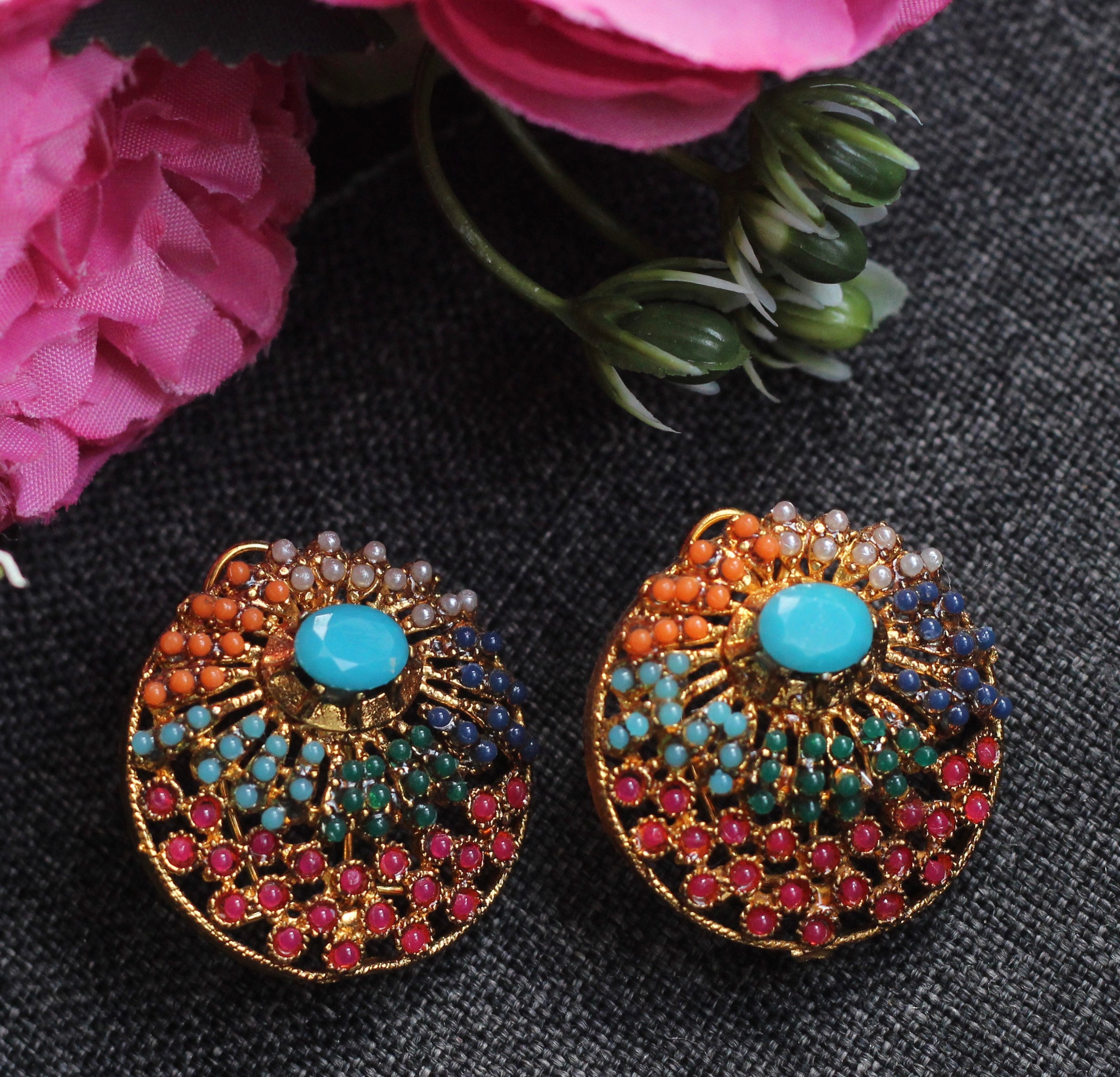 NAURATAN STUDS EARRINGS ROUND