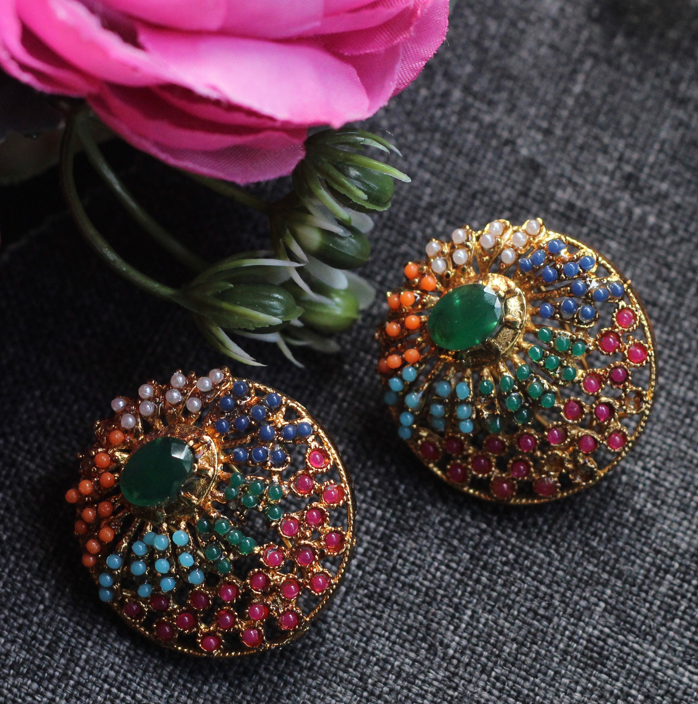NAURATAN STUDS EARRINGS ROUND
