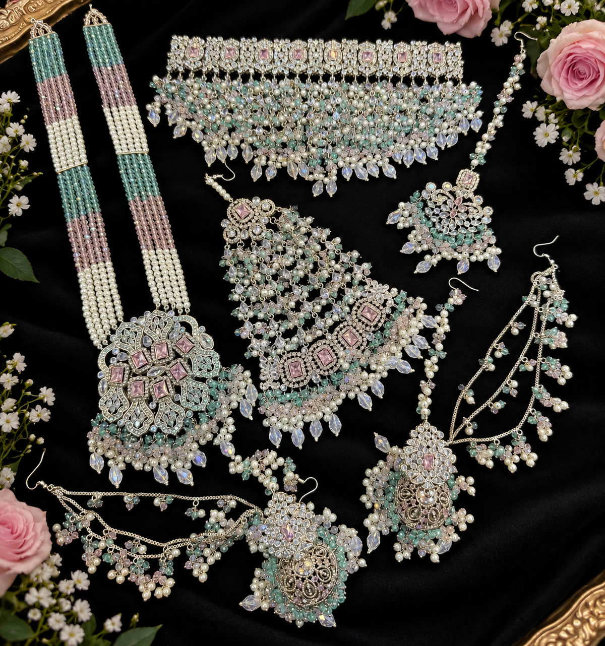 PINK AND SILVER BRIDAL JEWELLERY