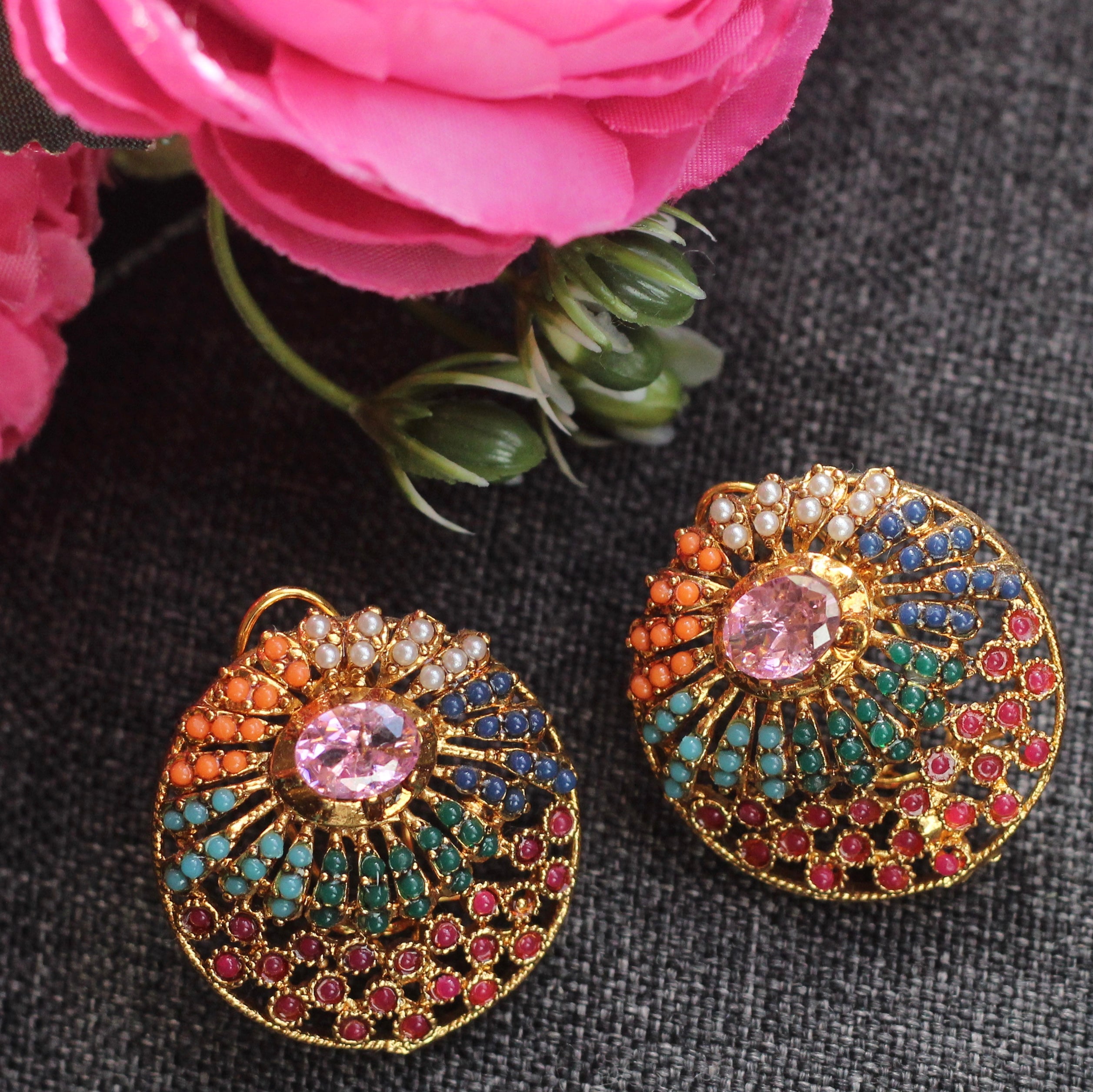NAURATAN STUDS EARRINGS ROUND