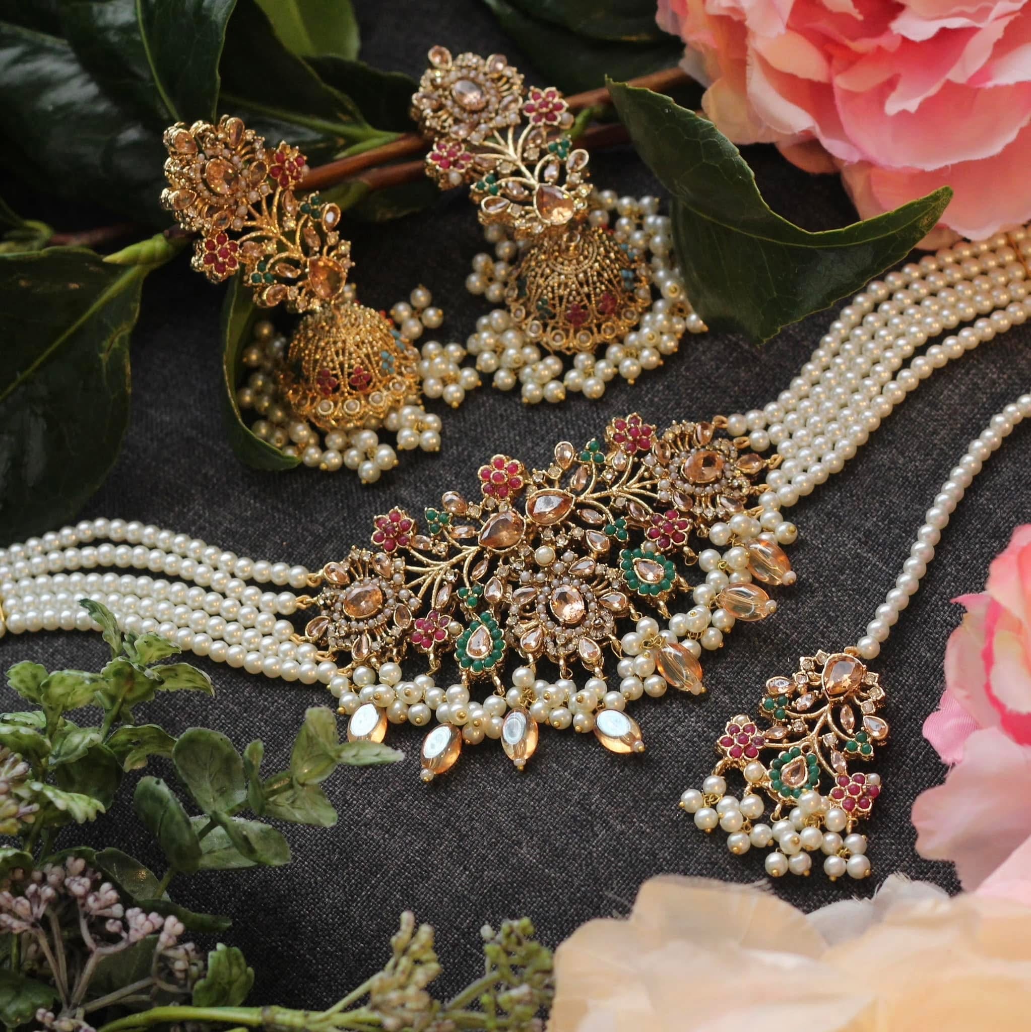 Gold choker set with jhumka