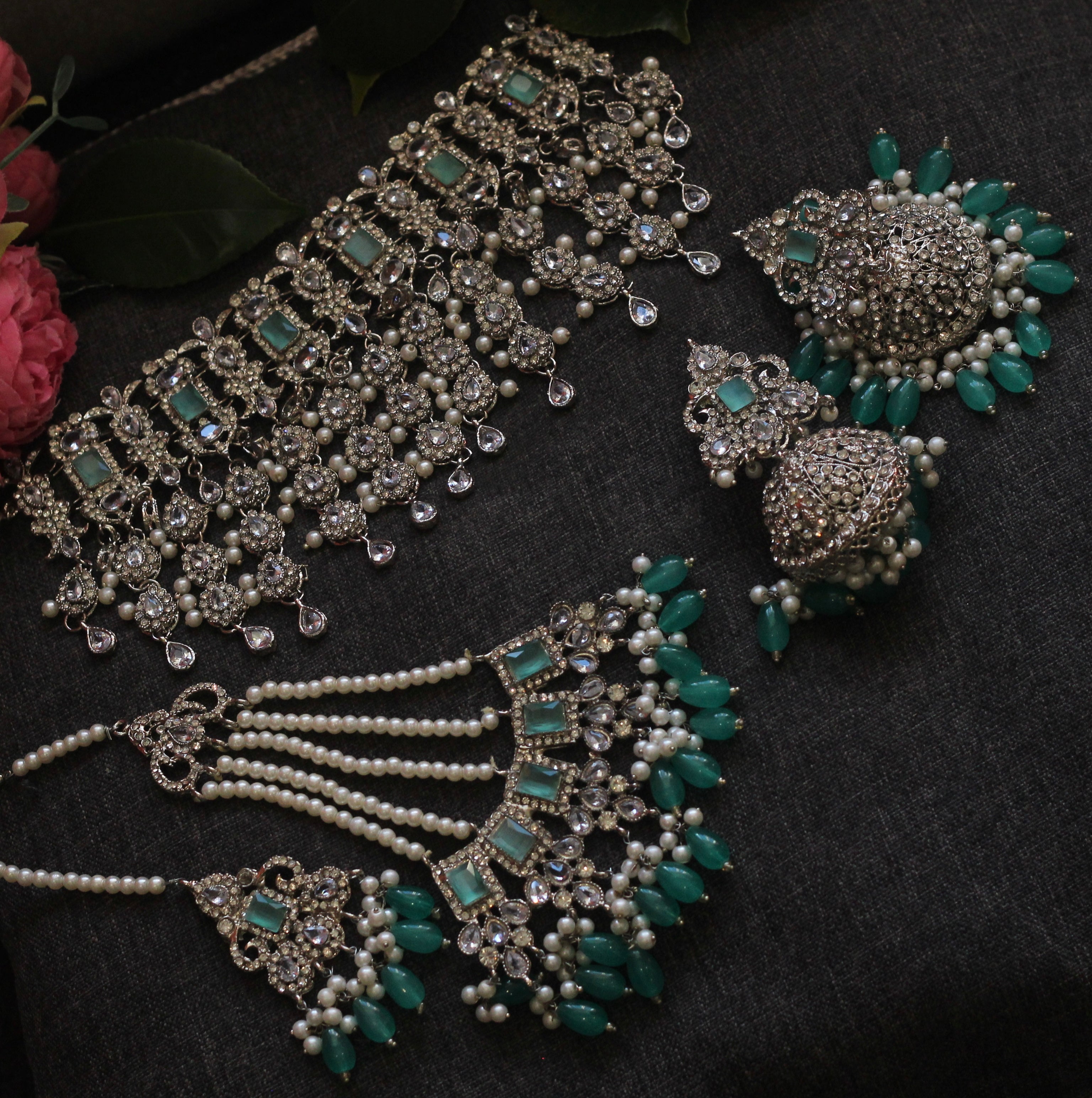 Mint green and silver bridal jewellery