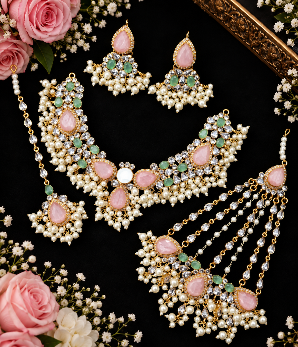 A traditional Indian jewelry set featuring a gold-plated necklace, matching earrings, a maang tikka, and a fanning pendant, embellished with pink stones, green stones, and white pearls, arranged on a black background with decorative pink roses.