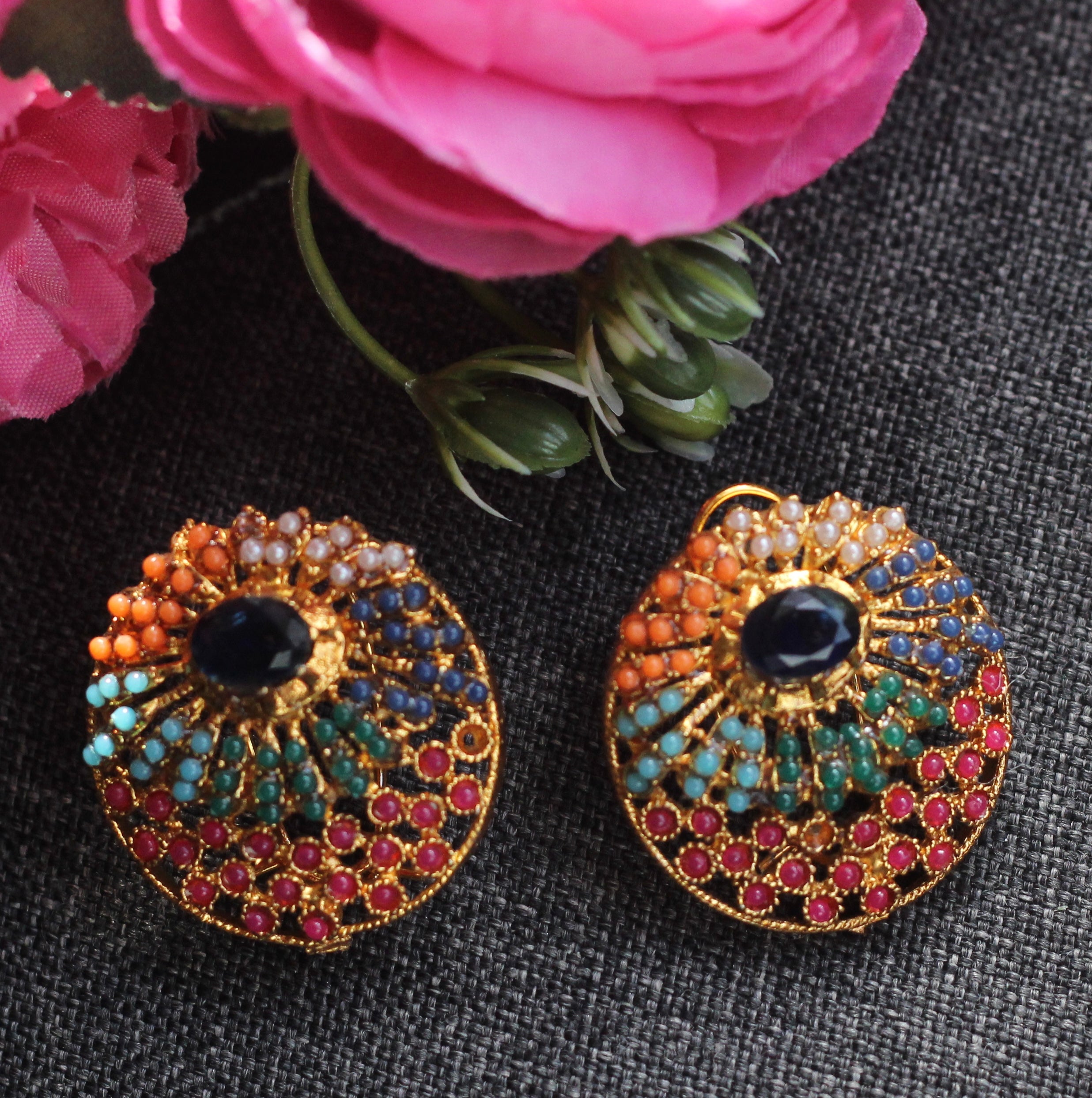 NAURATAN STUDS EARRINGS ROUND