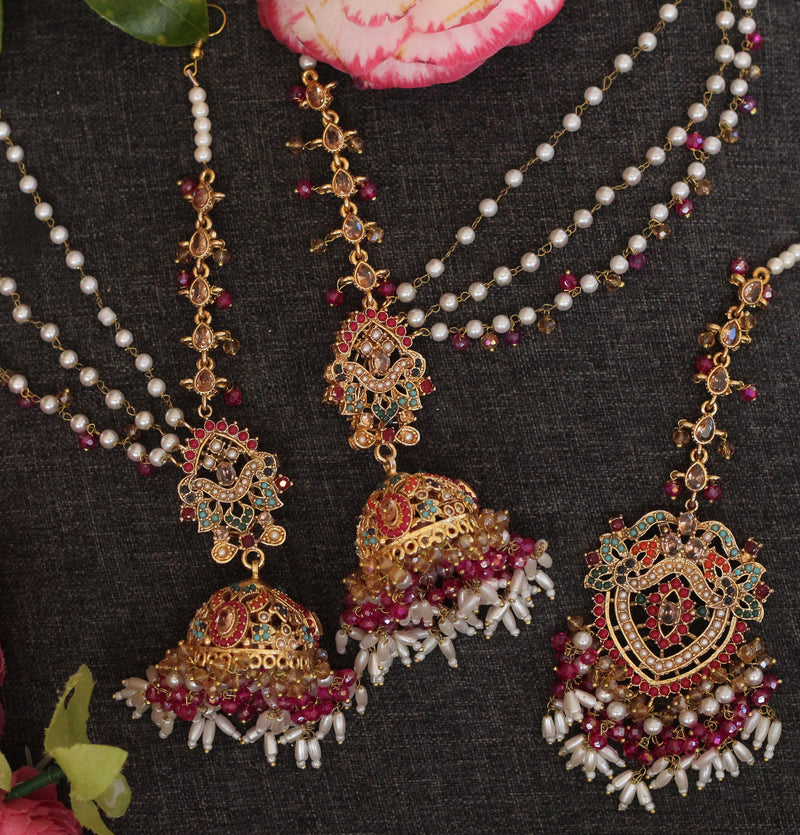 MULTI LAYER JHUMKA EARRINGS WITH TIKKA