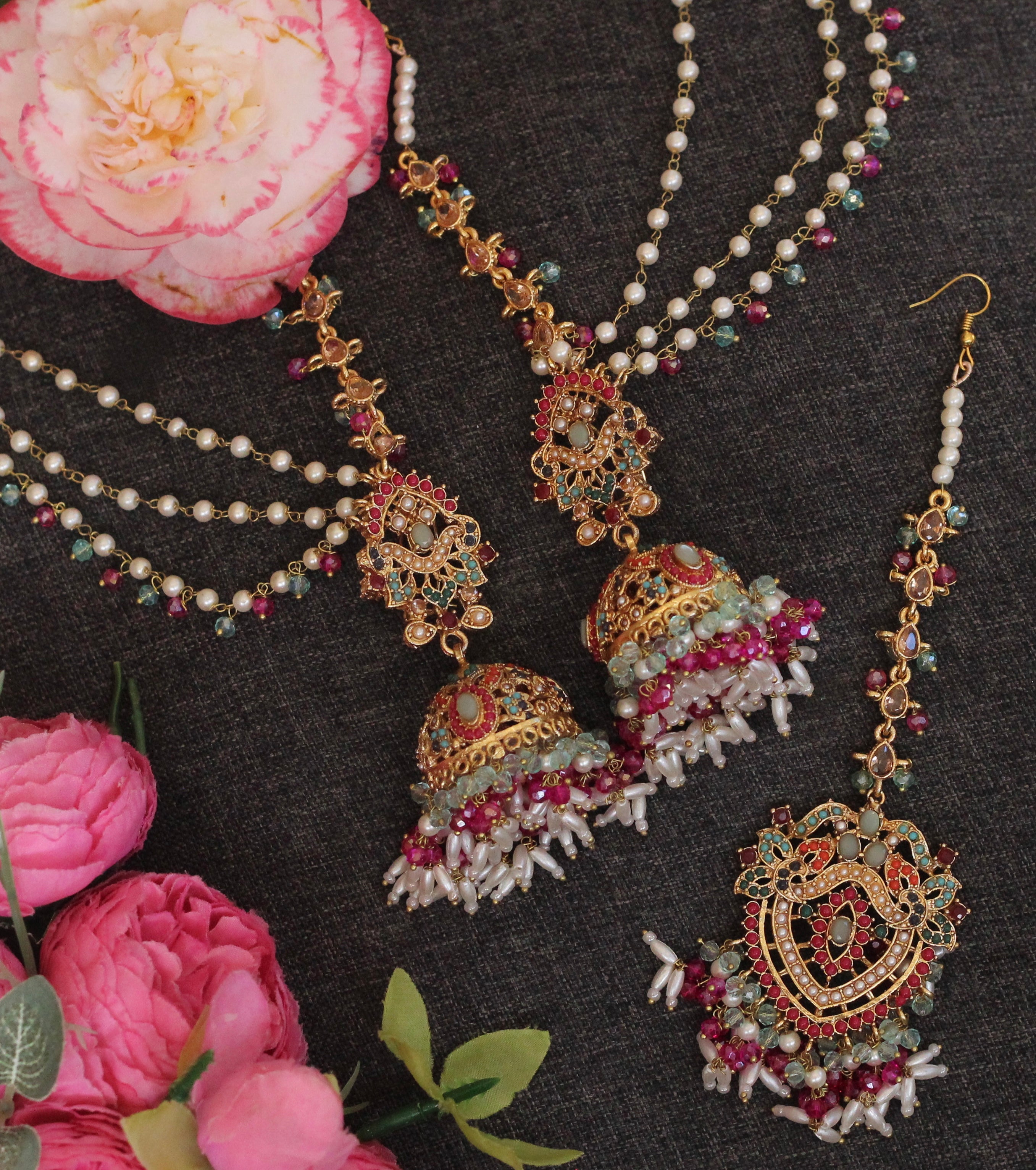 MULTI LAYER JHUMKA EARRINGS WITH TIKKA