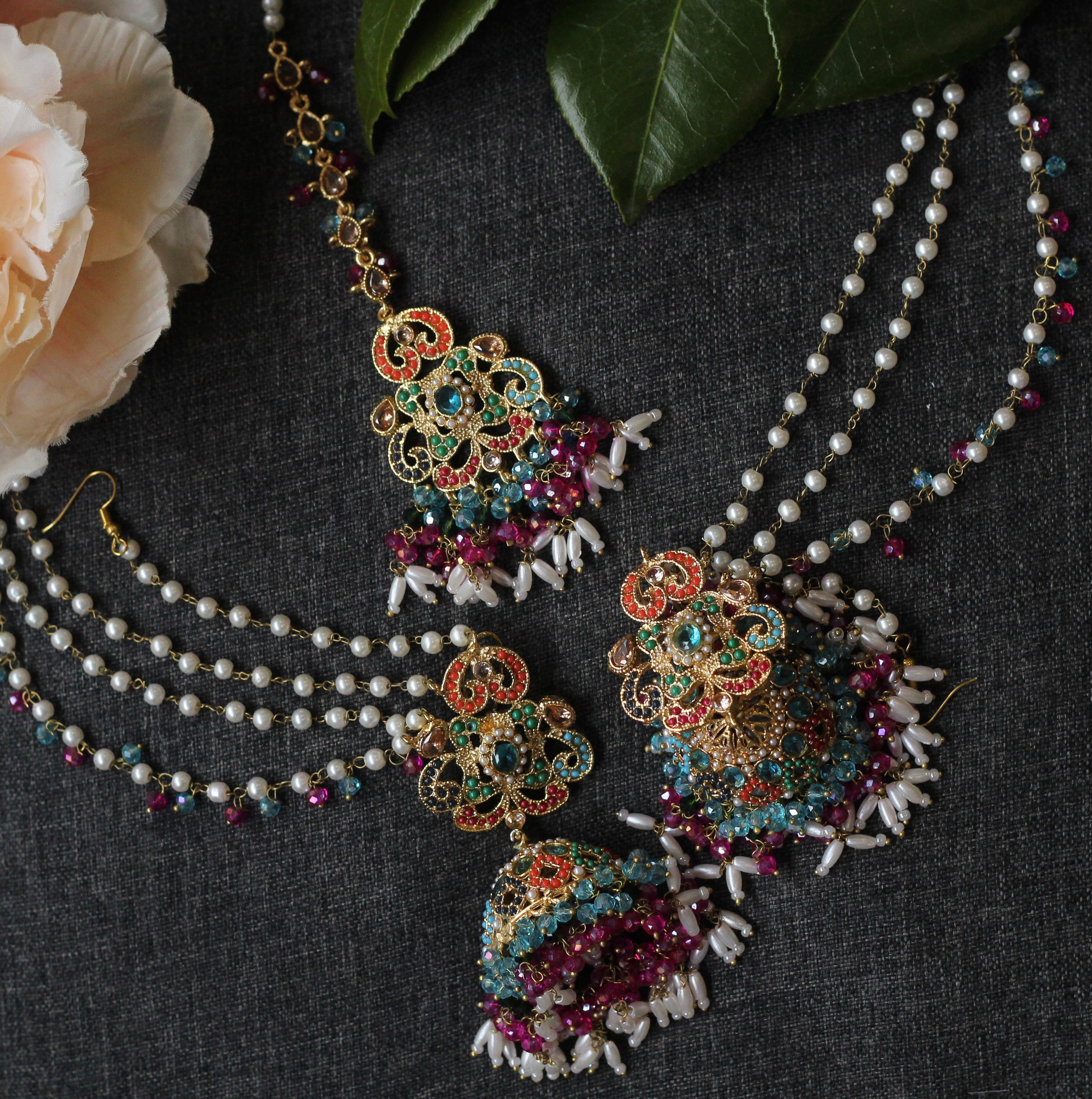 BAHAR MULTI LAYER JHUMKA EARRINGS WITH TIKKA