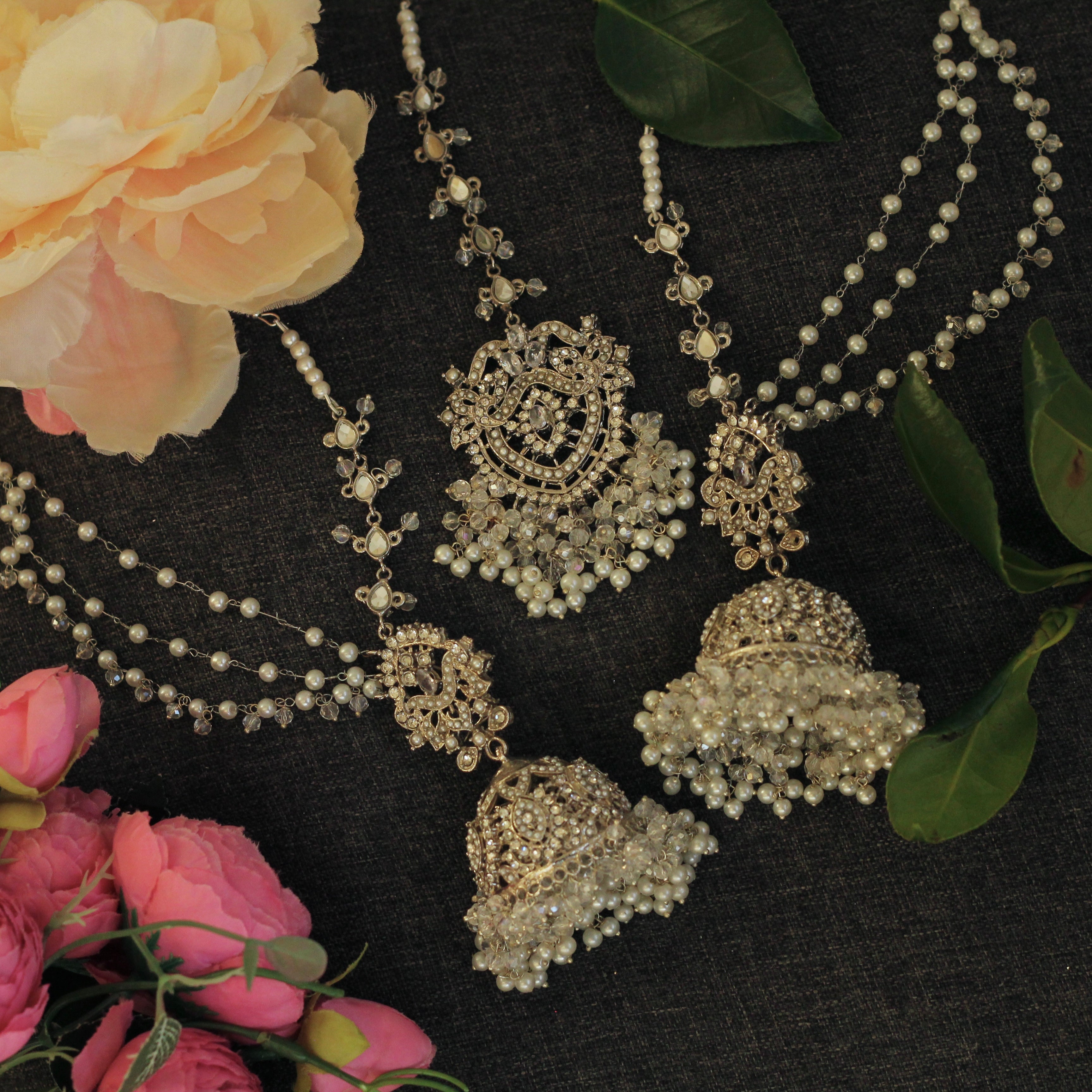 MOONLIGHT JHUMKA EARRINGS AND TIKKA