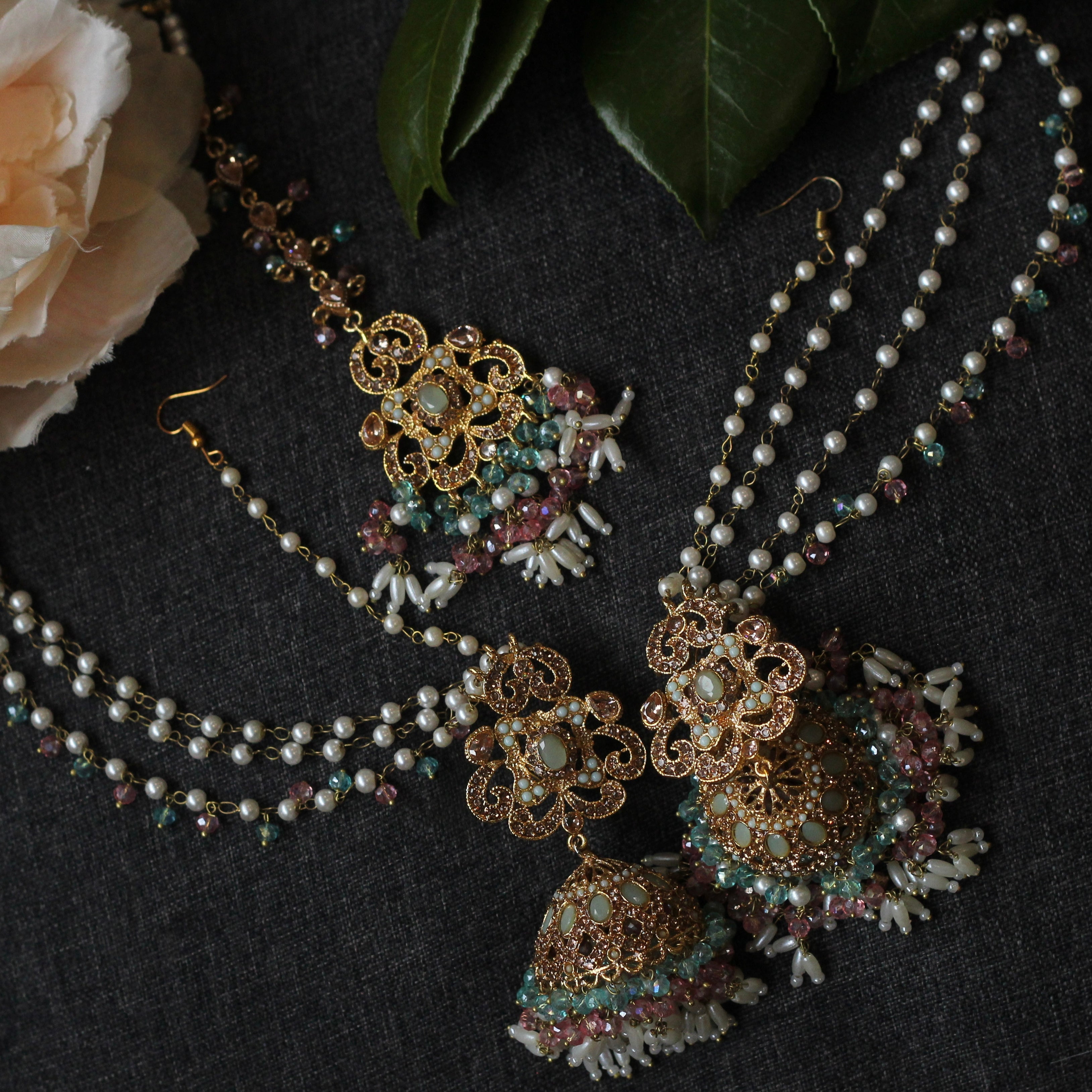 BAHAR MULTI LAYER JHUMKA EARRINGS WITH TIKKA