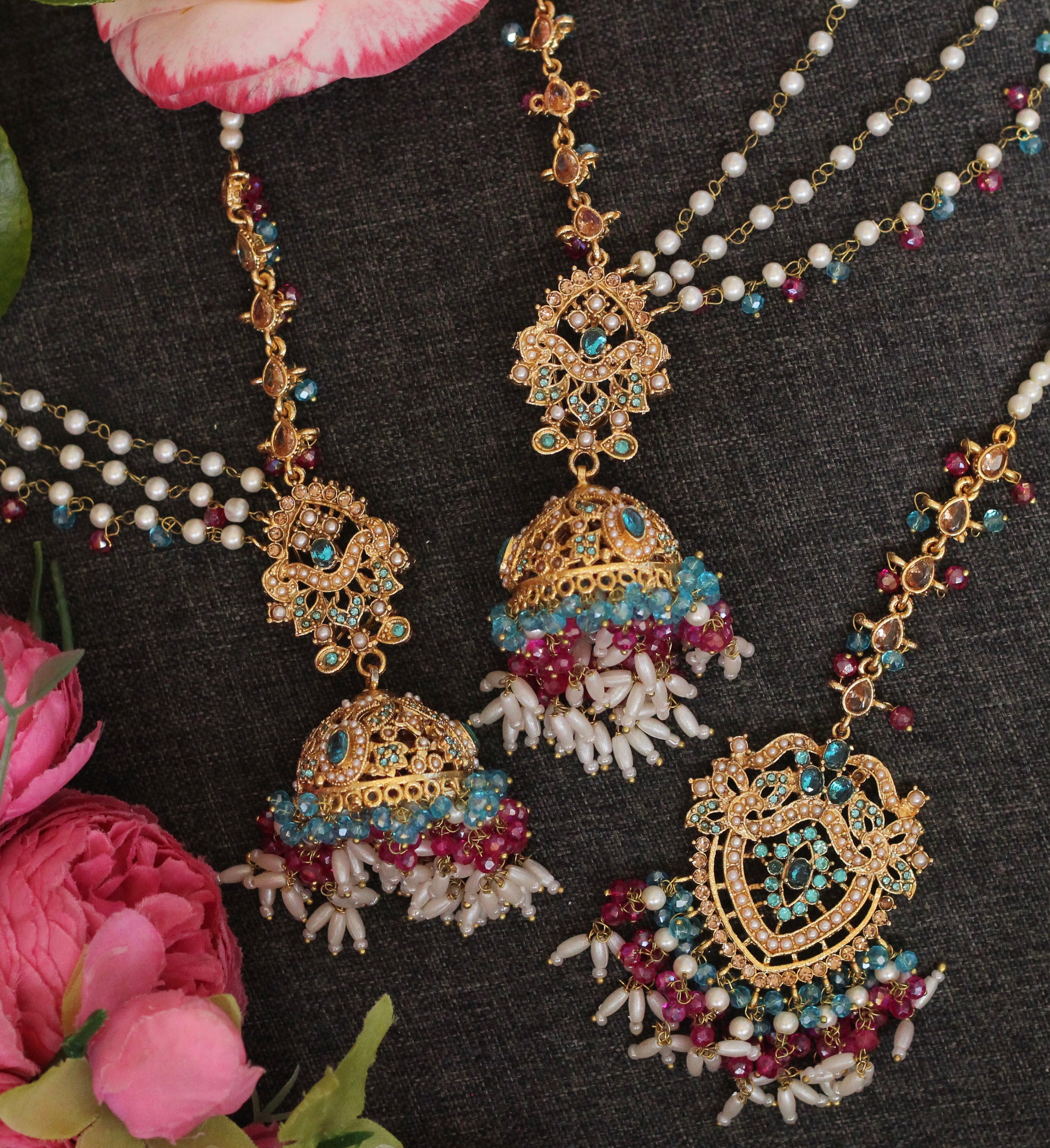 MULTI LAYER JHUMKA EARRINGS WITH TIKKA