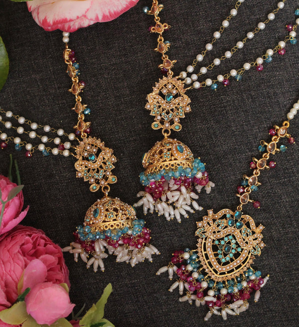 MULTI LAYER JHUMKA EARRINGS WITH TIKKA