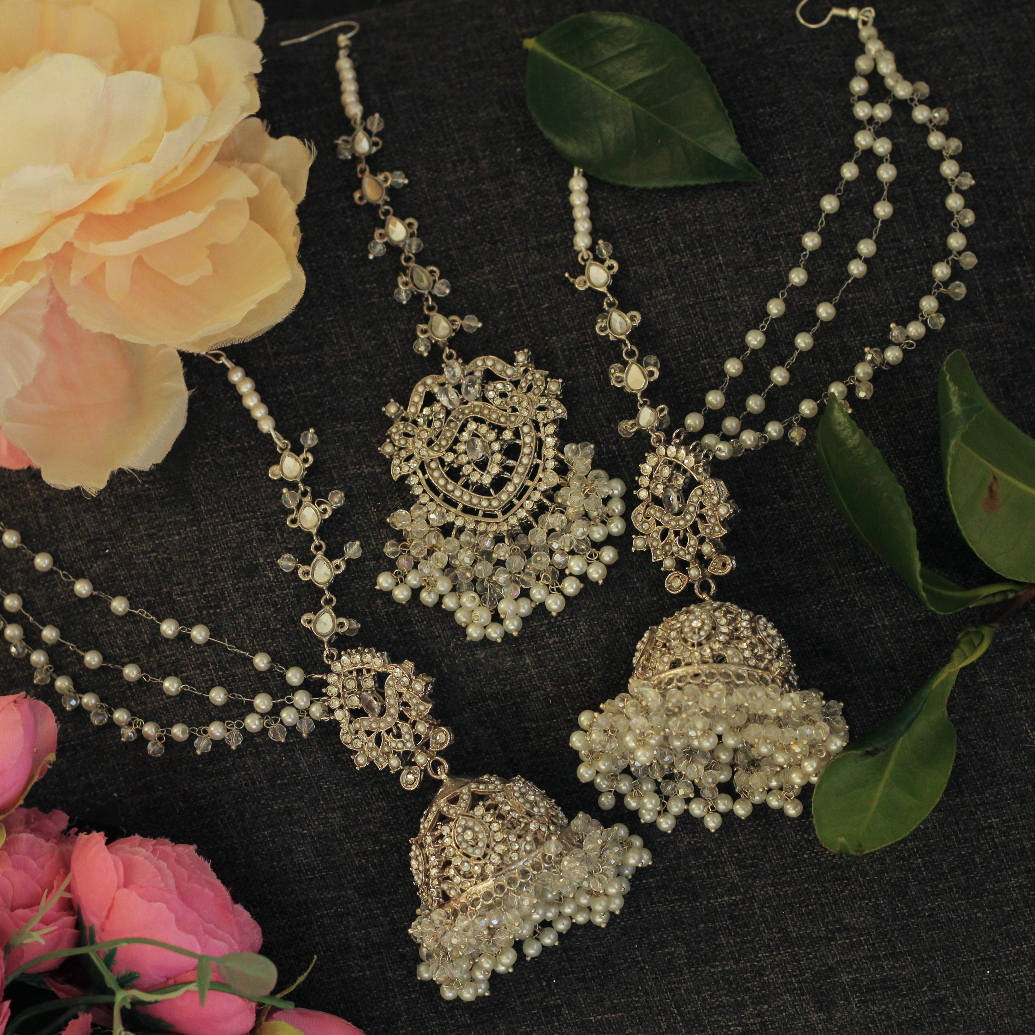 MOONLIGHT JHUMKA EARRINGS AND TIKKA