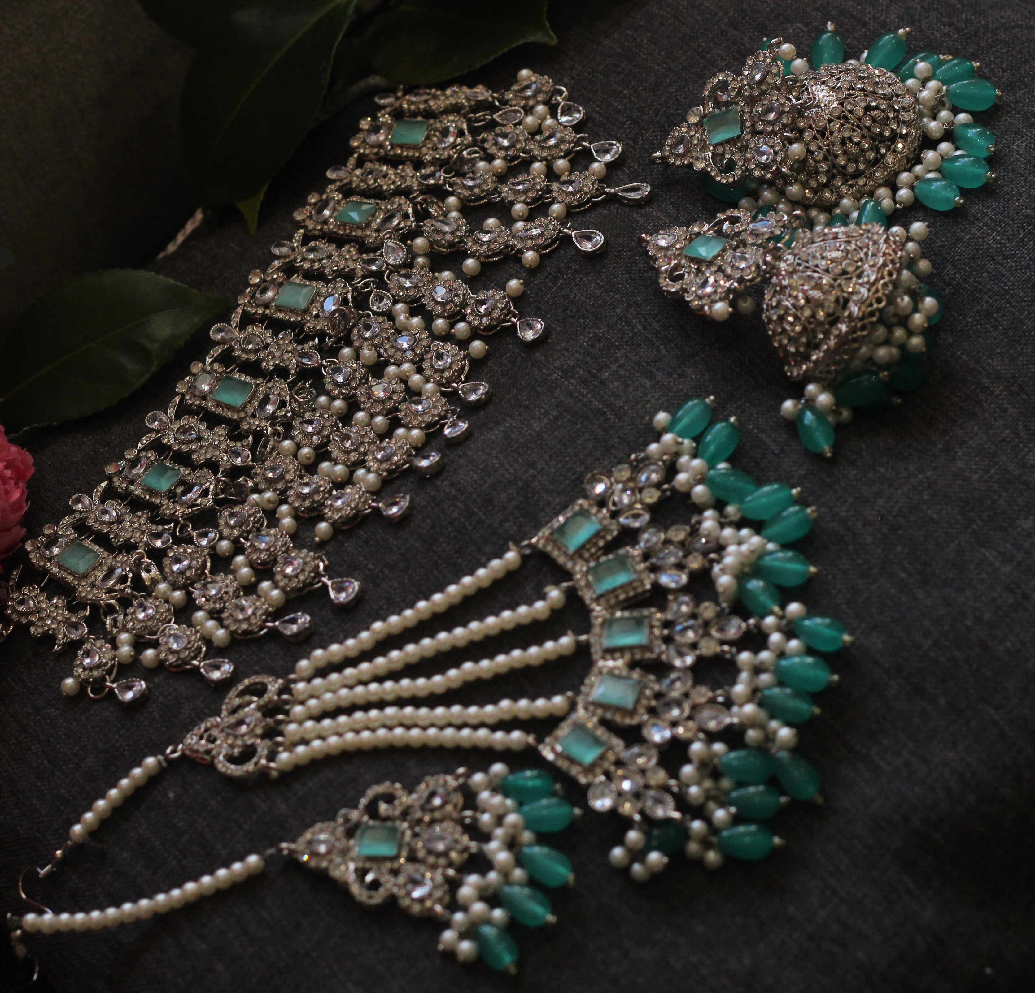 Mint green and silver bridal jewellery 