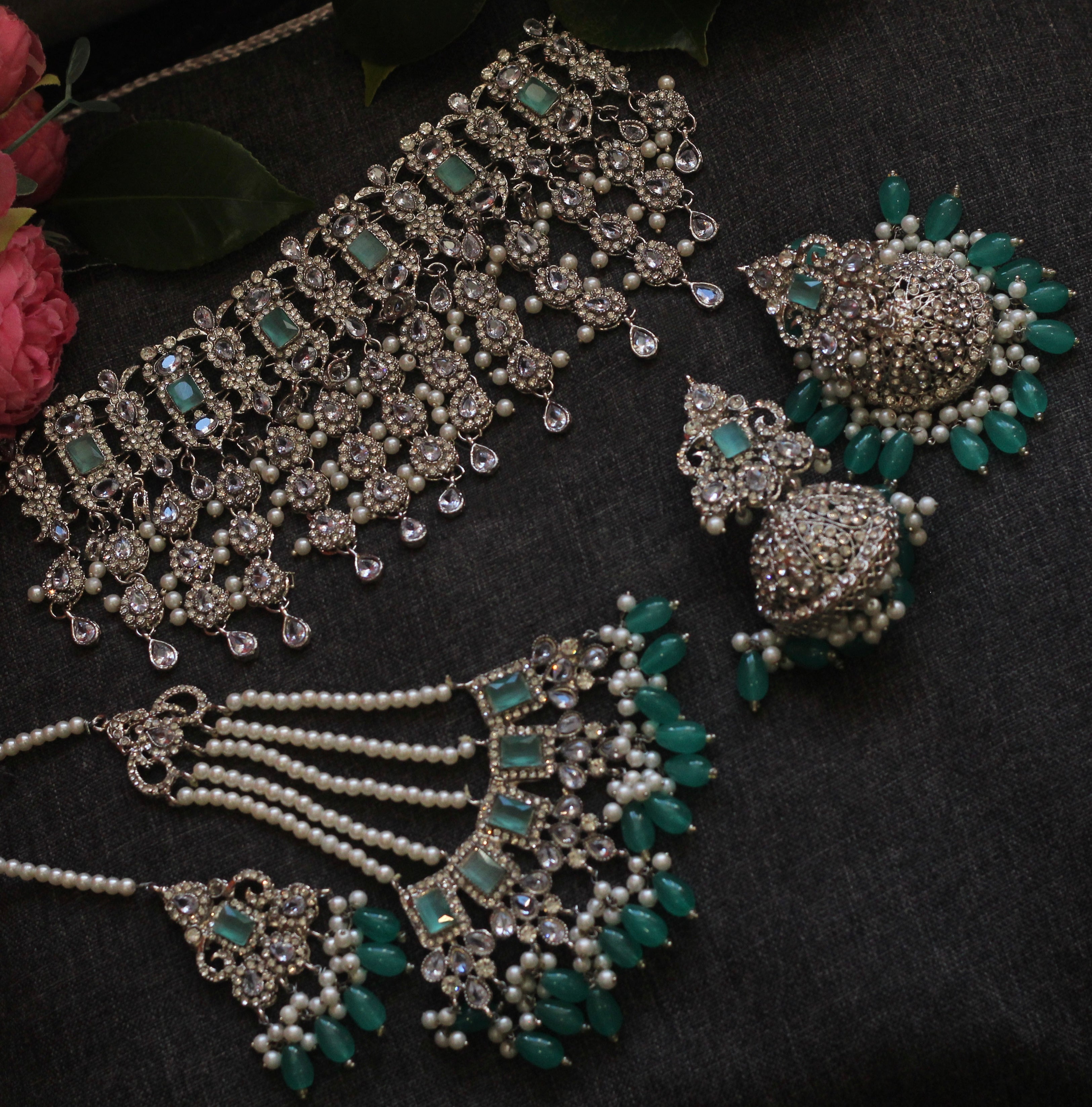 Mint green and silver bridal jewellery 